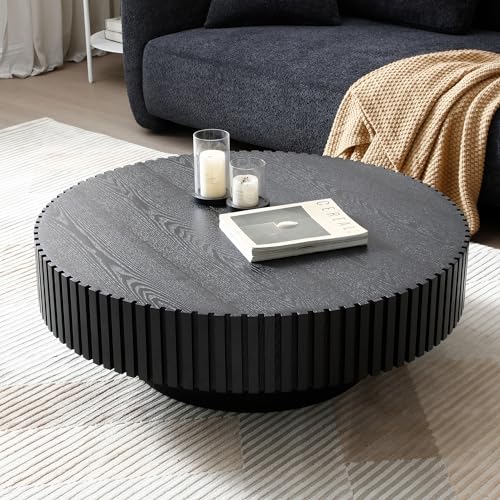 31.49'' Black Round Coffee Table for Living Room, Modern Wood Nesting Coffee Table Handcraft Circle Fluted Drum Coffee Table, Easy Assembly,Black - color: Black, size: 31.49"x17.91"x13.77"