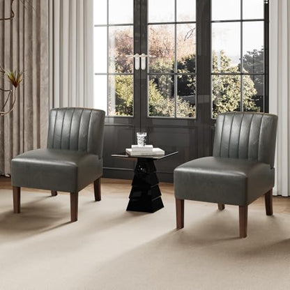 VIRRMO Armless Accent Chairs Set of 2 Upholstered Dining Chairs Living Room Chairs with Solid Wood Legs Bedroom Chair Leather Reading Chair Comfy Chair for Bedroom Vanity Kitchen (Grey) - color: Leather-grey