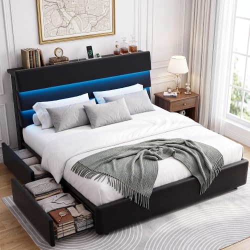 Jocoevol Black Queen Size Bed Frame with 2 Storage Drawers&Headboard Shelf | Velvet Upholstered Platform Bed with LED Lights & Charging Station, Wooden Slats Support, No Box Spring Needed - color: Black, size: Queen