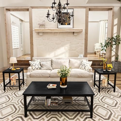 3 Pieces Living Room Table Set, Industrial Coffee Table with 2 Square End Side Tables, Coffee Table Set with Metal Frame for Apartment Home Office, Black - color: Black