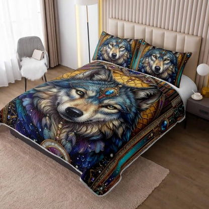 AILONEN Tribal Wolf King Quilted Comforter Set, Blue Gold Printed Bedding with 2 Pillowcases, Microfiber Filling, Main Family Bedroom - color: Blue Treasure Wild Wolf, size: King