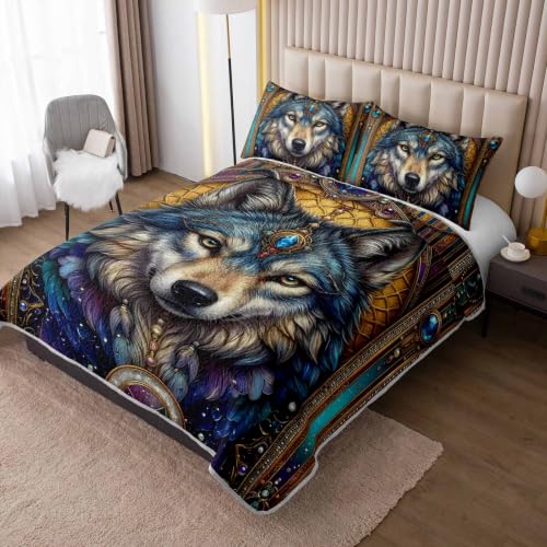 AILONEN Mosaic Wolf Queen Quilted Comforter Set, Jewel Tribal Printed Bedding with 2 Pillowcases, Microfiber Filling, Master Family Bedroom - color: Blue Treasure Wild Wolf, size: Queen