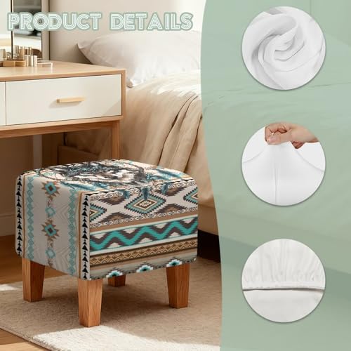 Aztec Tribe Geometric Wolf Print Stretch Ottoman Cover Square Ottoman Cover Slipcover Soft Footrest Stool Covers, Removable Anti-Slip Footstool Protector Covers for Living Room - color: Aztec Tribe Geometric Wolf