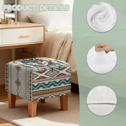 Aztec Tribe Geometric Wolf Print Stretch Ottoman Cover Square Ottoman Cover Slipcover Soft Footrest Stool Covers, Removable Anti-Slip Footstool Protector Covers for Living Room - color: Aztec Tribe Geometric Wolf