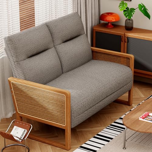 Alunaune Modern Loveseat Bench Couch with Natural Rattan Arm, Upholstered Linen Small Love Seat Sofa 2-Seats Living Room Couch Settee, Comfy Lounge Recliner Chair-Taupe - color: Taupe