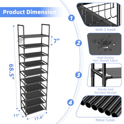 Simple Trending 10 Tiers Tall Shoe Rack for Closet, Black | Narrow Shoe Shelf, Holds 20 Pairs, Shoe Organizer Storage, With Hooks - size: 10 Tiers Narrow, Black