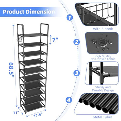 Simple Trending 10 Tiers Tall Shoe Rack for Closet, Black | Narrow Shoe Shelf, Holds 20 Pairs, Shoe Organizer Storage, With Hooks - size: 10 Tiers Narrow, Black