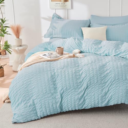 HYMOKEGE Light Blue Twin Size Duvet Cover, Ultra Soft 2-Piece Seersucker Duvet Cover Set with Zipper Closure, Soft Brushed Microfiber Bedding Set with 8 Corner Ties (68"x90", 1 Pillowshams) - color: 04 - Light Blue (No Comforter), size: Twin(68"×90")