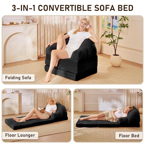 wanan Folding Sofa Bed, 3-in-1 Convertible Boneless Couch with Handle, Floor Lounger & Sleeper Chair for Adults, Comfy Folding Couch Single Sofa for Living Room Bedroom, Black - color: Black