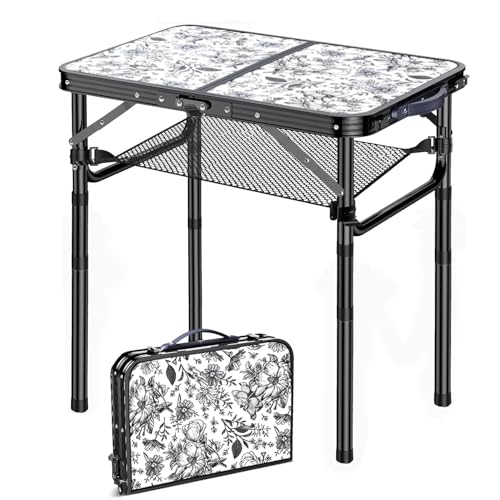 Outdoor Side Table, Portable 3 Adjustable Height Small Outdoor Folding Table, Aluminum Foldable Patio Side Tables for Outside Indoor, Plant Stand Coffee End Table for Pool, Porch,Garden, Balcony - color: Toile De Jouy