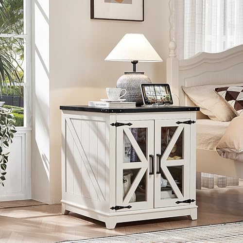 Joaxswe Farmhouse End Table Set 2 for Living Room, Charger Station | USB Ports, Glass Barn Door, Solid Wood Legs, 24" Large Sofa Side Table, Adjustable Shelf, White Square Table for Bedroom - color: White, size: Set 2