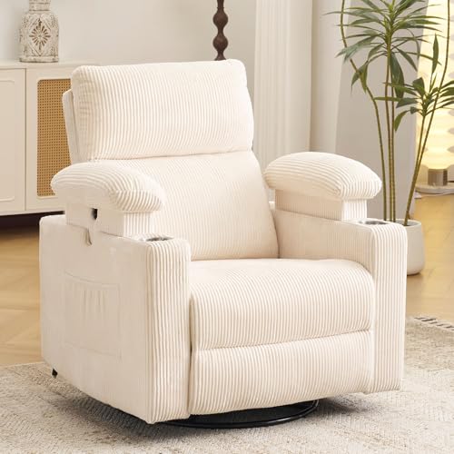 Power Recliner Chair Swivel Glider with Massage and Heat, Swivel Rocker Recliner with Adjustable Armrests, Nursery Chair with Adjustable Headrest, Rocker Nursery Recliner, Corduroy Beige - color: Corduroy Beige, size: Power Recliner