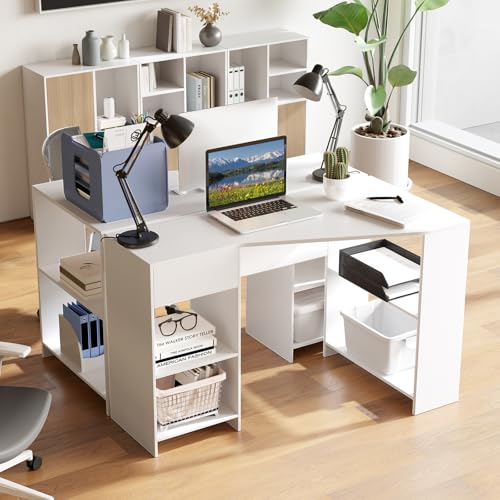 Tangkula White Desk with Storage Drawer & 4 Shelves, Space Saving Corner Desk for Small Spaces, Modern Home Office Laptop Workstation, Writing Study Table, Vanity Table for Bedroom (White)