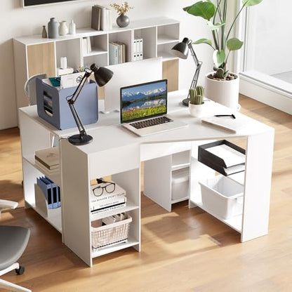 Tangkula White Desk with Storage Drawer & 4 Shelves, Space Saving Corner Desk for Small Spaces, Modern Home Office Laptop Workstation, Writing Study Table, Vanity Table for Bedroom (White)