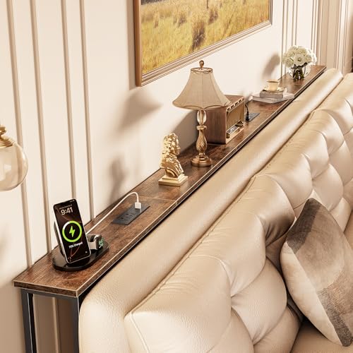 Huuger 110 Inch Sofa Table with Power Outlets, Skinny Behind Couch Table | 5.9 Inch Narrow Entryway Table, Extra-Long Console Table, Behind the Couch Table with Outlet for Living Room, Rustic Brown - color: Rustic Brown, size: 5.9"D × 110"W × 29.7"H
