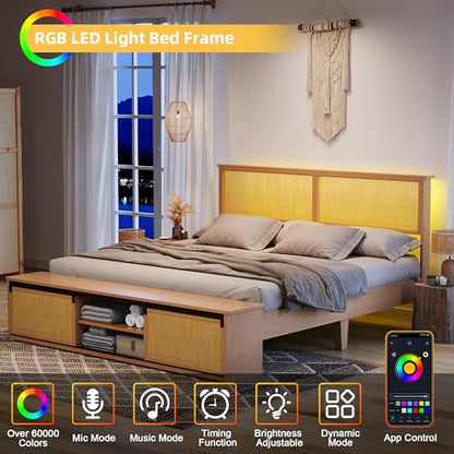 GarveeHome Natural Rattan Queen Size Bed Frame with Storage Cabinets | Cabinet with Sliding Barn Door, LED Light Headboard, Solid Wood Legs Support, No Box Spring Needed - size: Queen