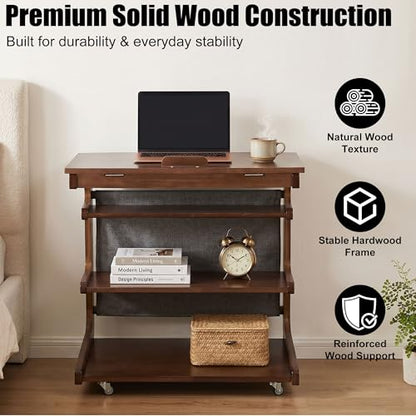 100% Solid Wood C Shaped End Table with Swivel Wheels, Lift Top Couch Table with Storage, Rolling Table that Slide Under Sofa & Bed, 15.75" D x 23.62" W x 24.8" H