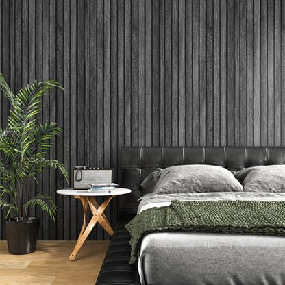 VEELIKE Charcoal Black Wood Slat Peel and Stick Wallpaper 24''x118'' Modern Wood Panel Look Contact Paper Waterproof Self Adhesive Slat Vinyl Wall Covering for Living Room Bedroom Office Accent Walls - color: Charcoal Black, size: 24" x 118"