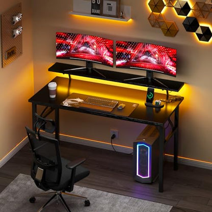 DlandHome 47" Computer Desk with Power Outlets & LED Lights, Black, Bedroom | Folding Desk with Monitor Stand, Writing Study Table Gaming Desk, Metal Frame, Fully Assembled, Home Office Small Spaces - color: Black + Black, size: 47 Inches + Outlets