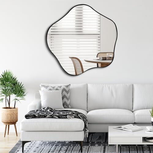 Scalloped Irregular Mirror, 35" Asymmetrical Organic Wall Mirror with Black Metal Frame, Wavy Decorative Accent Mirrors for Entryway Bedroom Living Room, Horizontal or Vertical Hanging - color: Black, size: 35"L x 35"W