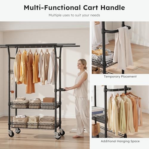 SOLEDI Heavy-Duty Clothes Rack, 1000 LBS clothing rack with wheels Load Capacity Double Rod Clothing Rack with Shelves & Lockable Wheels, Suitable for Bedroom, Entryway, Living Room & Garage (black) - color: Black