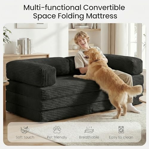 Erament Futon Sofa Bed, Convertible Tri-Folding Mattress Foldable Mattress with Removable Armrests & Washable Cover, Small Couch Bed with High-Density Foam, No-Assembly, Full, Black - color: Black, size: Full