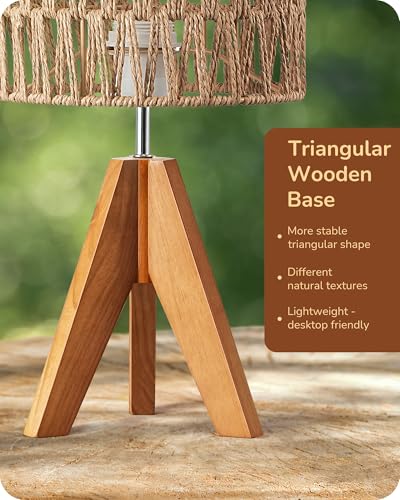 EDISHINE Rattan Small Table Lamp, Boho Nightstand Lamp, 14.2", E26 Base | Natural Style, Wood Tripod Base, Rosewood Color & W-Pattern Shade, Bedside Lamp for Living Room, End Table, Office - color: Rosewood Color&W-pattern Shade
