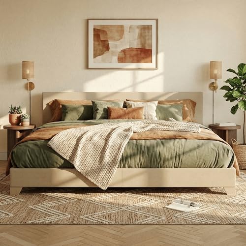 SHA CERLIN Linen Upholstered King Size Bed Frame with Headboard, Beige | Adjustable Low-Profile Platform Bed, Minimalist Design, Stable Mattress Foundation, Strong Back-Support, No Box Spring Needed - color: Beige, size: King