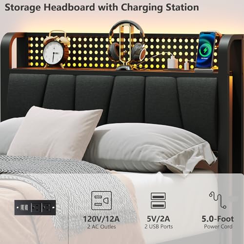 Twin Size Bed Frame with Storage Shelf and Upholstered Headboard | Metal Platform Bed with LED Light, Charging Station and Heavy Duty Slats, No Box Spring Needed, Noise Free & Easy Assembly - size: Twin, style: Bed Frame