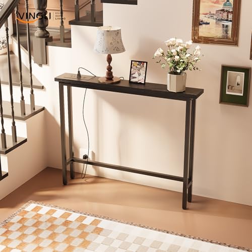 VINGLI 39" Console Table with Power Outlet, 5.9" Narrow Sofa Table, Black | Entryway Table with Charging Station & 4.9 Ft Extension Cord & Adjustable Feet, behind Couch Table for Living Room, Hallway - color: Black, size: 39.37"
