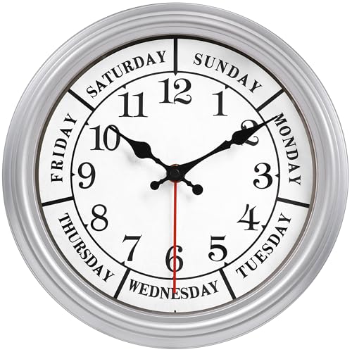 JENLYSTIME 12 Inch Retro Wall Clock,Classic Day of The Week Wall Clock,Silent Non Ticking Battery Operated Movement(Silver) - color: 12 Wk-silver