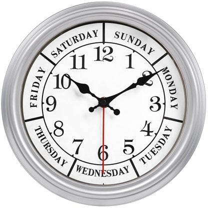 JENLYSTIME 12 Inch Retro Wall Clock,Classic Day of The Week Wall Clock,Silent Non Ticking Battery Operated Movement(Silver) - color: 12 Wk-silver