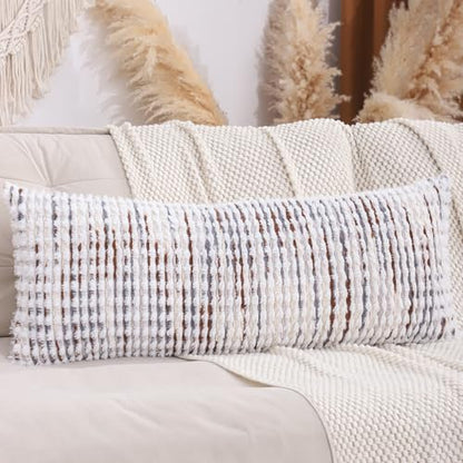 LUOYEHK Boho Throw Pillow Covers 14x36 Inch Chenille Tufted Pillowcase Farmhouse Neutral Cushion Covers for Couch Sofa Bed Living Room, Brown White (1 Piece) - color: Brown White, size: 36" x 14" (Pack of 1)