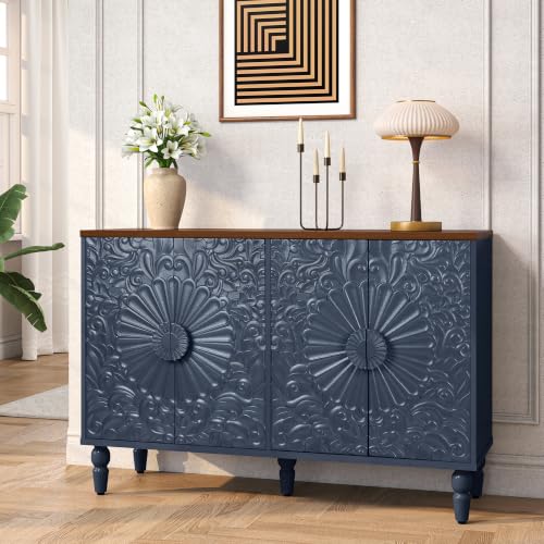 Blue Sideboard Buffet Cabinet with Embossed Floral Doors | 47" Wood Accent Cabinet for Entryway, 4 Door Credenza Storage Cabinet for Dining Room, Living Room - color: Blue