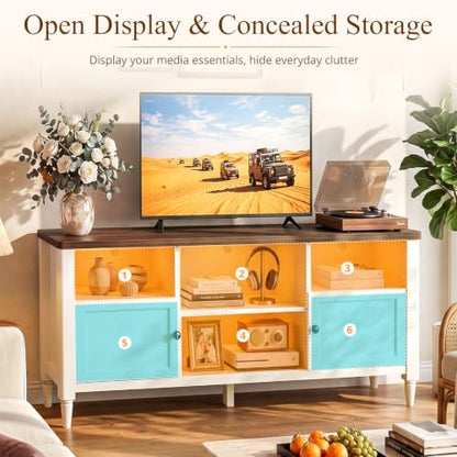 55" Farmhouse TV Stand with LED Lights & AC/USB Outlets | Rustic White Entertainment Center for TVs up to 65 Inch, Media Console Table with Storage Cabinets for Living Room Bedroom - color: Rustic White + Cracked Oak