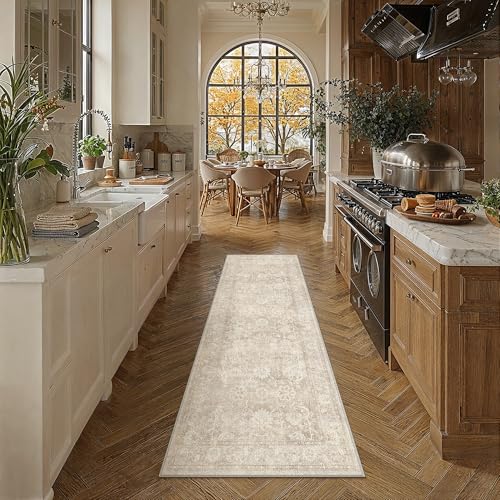 2x6 Beige Washable Runner Rug for Kitchen Vintage Distressed | Neutral, Non Slip, Soft Low Pile, Carpet for Hallway, Entryway, Laundry Room, Indoor Home Decor - color: Beige, size: 2' x 6' (Runner)