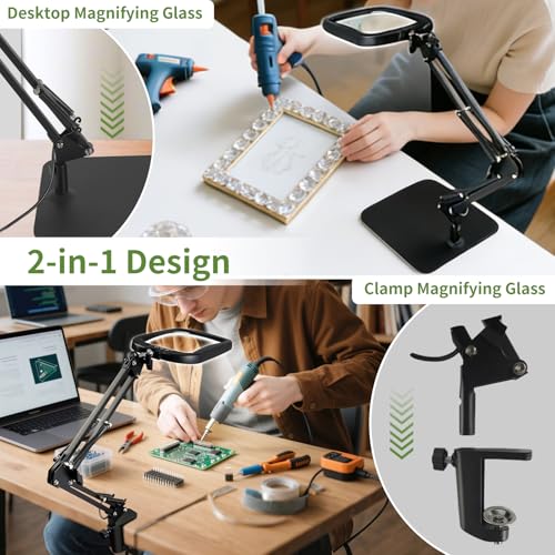 ‌10X 30X Large Square Magnifying Glass with Light and Stand/Clamp | 60 LED Lighted Magnifier, Hands Free 360° Rotatable Desk Lamp for Close Work Reading Craft Hobby Painting Sewing