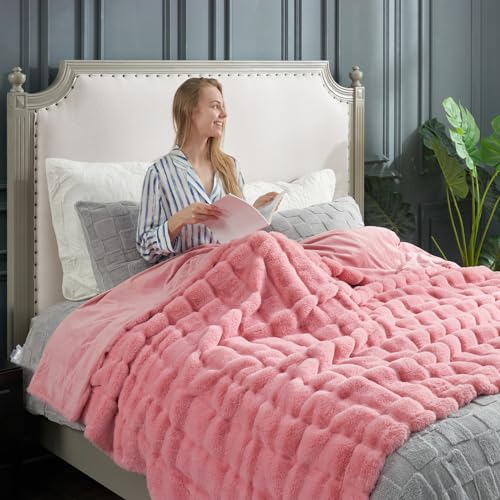 Cozy Bliss Deluxe Sheared Rabbit Faux Fur Throw Blanket, Soft Fuzzy High-Low Sculpted Plush Blanket for Couch, Cozy Home Accent, All Season Use, Pink 60"x80" - color: Striped - Pink, size: Twin(60" x 80")
