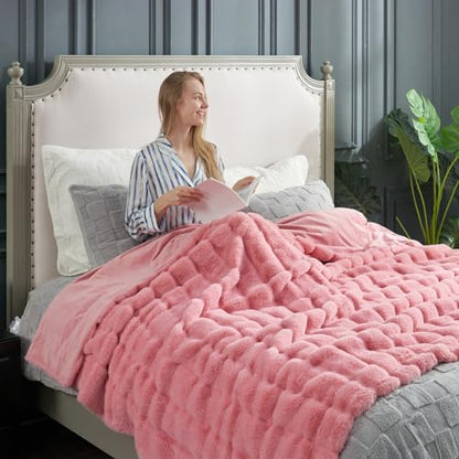 Cozy Bliss Deluxe Sheared Rabbit Faux Fur Throw Blanket, Soft Fuzzy High-Low Sculpted Plush Blanket for Couch, Cozy Home Accent, All Season Use, Pink 60"x80" - color: Striped - Pink, size: Twin(60" x 80")