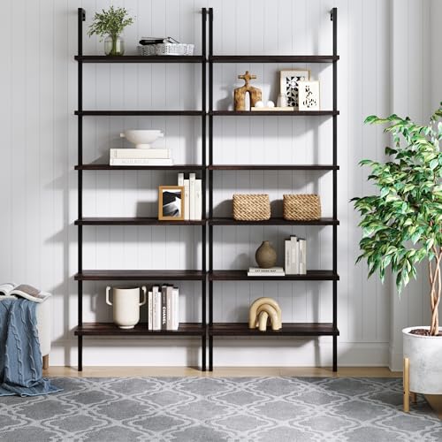 Nathan James Theo 6-Shelf Tall Bookcase, Wall Mount Bookshelf with Natural Wood Finish and Industrial Metal Frame, Nutmeg/Matte Black, Set of 2 - color: Nutmeg/Matte Black, size: Set of 2