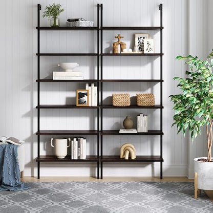 Nathan James Theo 6-Shelf Tall Bookcase, Wall Mount Bookshelf with Natural Wood Finish and Industrial Metal Frame, Nutmeg/Matte Black, Set of 2 - color: Nutmeg/Matte Black, size: Set of 2