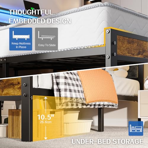 Liians Twin Size Bed Frame with LED Lights, Grey Upholstered Headboard | Platform Bed with 2-Tier Storage Shelf, Charging Station, Noise Free, No Box Spring Needed, Easy Assemably - size: Twin
