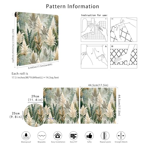 Floralplus Peel and Stick Wallpaper Boho Forest Removable Wallpaper | Wallpaper for Bedroom Bathroom Self Adhesive Renter Friendly Green Leaf Contact Paper for Cabinet Walls, 17.5 x 118 in