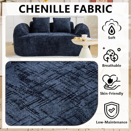 67" Curved Loveseat Sofa with 2 Pillows, Modern Boneless Couch in a Box, Small Cloud Loveseat for Bedroom Small Space Apartment Living Room, Memory Foam, Chenille, No Assembly (Blue) - color: Blue