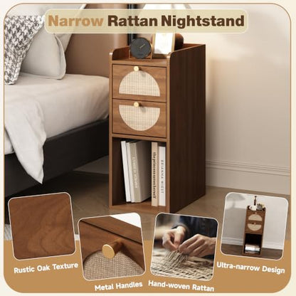 Narrow Nightstand Set of 2 (Rattan & Wood) - Small Bedside Table with 2 Drawers, Open Shelf, Mid Century Modern End Table - for Bedroom, Living Room & Small Spaces, Walnut - color: Walnut, size: 9.9"W (2 Pc)