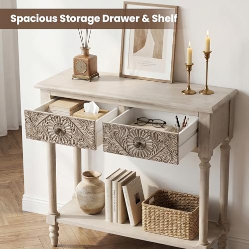 HOMPUS Console Table with 2 Drawers and 1 Shelf, Rectangular Narrow Entryway Table, Antique and Contemporary Accent Sofa Table for Living Room