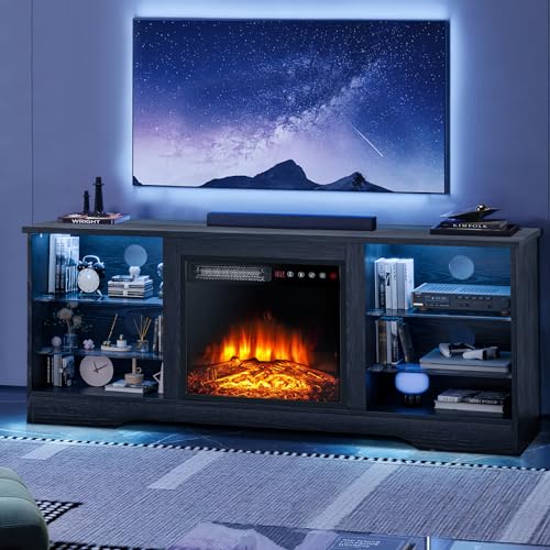 Fireplace TV Stand for up to 65 Inch TVs, Space-Saving LED Modern Entertainment Center for Small Apartments with Built-in 18" Electric Fireplace Heater & Adjustable Glass Shelves, Black - color: Black, size: 58"