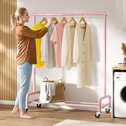 SLEEPING LAMB Heavy Duty Clothing Racks for Hanging Clothes Rack, 43" Wide Rolling Garment Rack Metal Clothing Hanger Rack with Wheels Wardrobe Rack for Coats, Shirts, Dress (Pink) - color: Pink, style: Single Rod