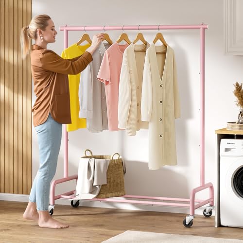 SLEEPING LAMB Heavy Duty Clothing Racks for Hanging Clothes Rack, 43" Wide Rolling Garment Rack Metal Clothing Hanger Rack with Wheels Wardrobe Rack for Coats, Shirts, Dress (Pink) - color: Pink, style: Single Rod