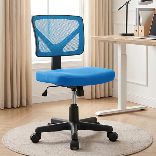 OLIXIS Armless Home Office Chair, Ergonomic Small Desk Chair | Mesh Back, Removable Washable Foam Cushion, Height Adjustable, Rolling Swivel Wheels, Small Space, Blue - color: Blue